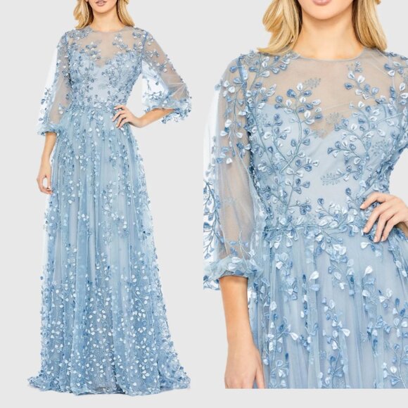 Mac Duggal 79399 Size 4 Blue Floral‎ Embroidered Puff Sleeve A-Line Gown Dress - Picture 1 of 4